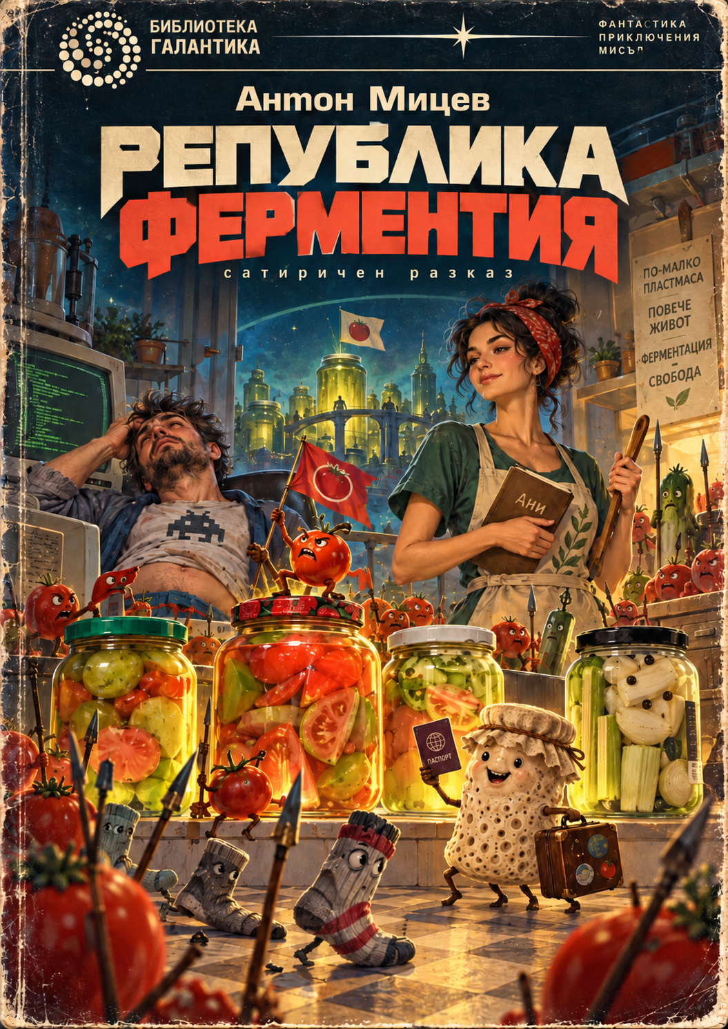 Корица на „Република Ферментия“ с Антон, Ани, Квасчо и въстаналите ферментирали зеленчуци.